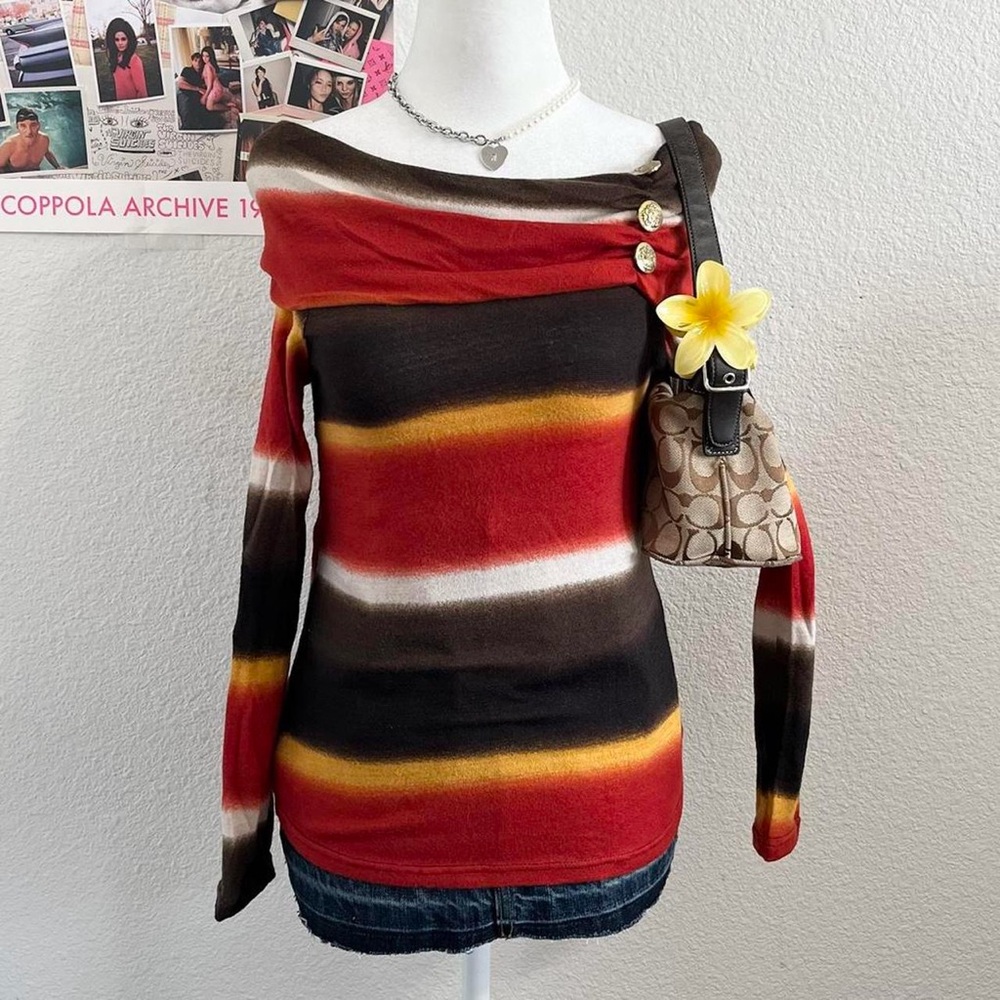 Vintage Y2K Deadstock Ombre Foldover Off The Shoulder Long Sleeve Top
